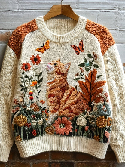 Damen Pullover Beige mit Katzenmotiv und Blumen – Rundhals Strickpullover