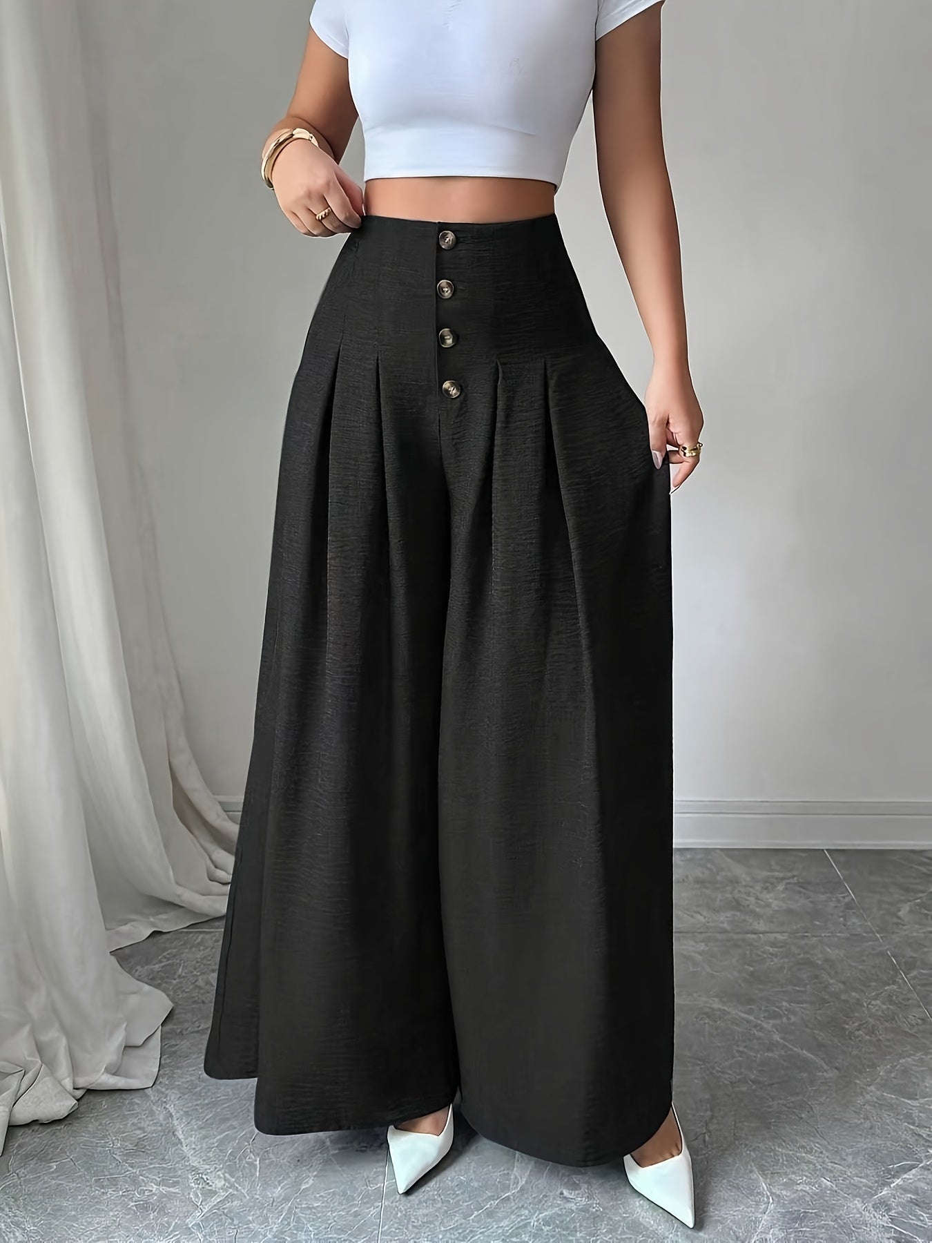 Damen Weitbeinige High-Waist Hose mit Knopfdetail und Eleganten Falten – Modische Business- und Freizeit-Hose