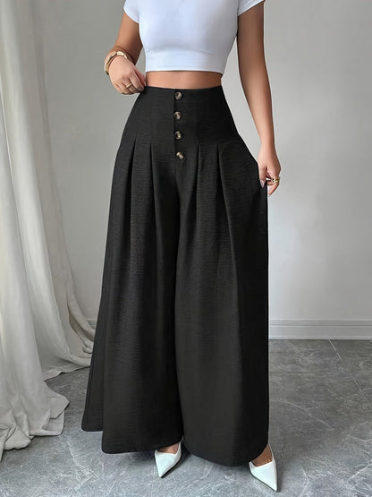 Damen Weitbeinige High-Waist Hose mit Knopfdetail und Eleganten Falten – Modische Business- und Freizeit-Hose