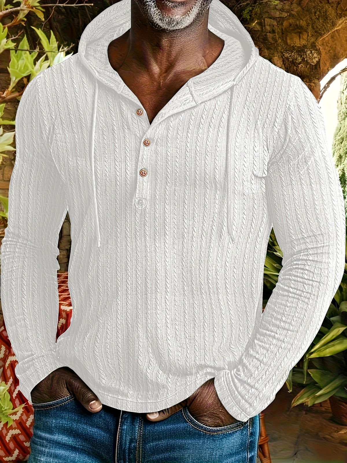 Herren Hoodie Langarmshirt gerippt mit Knopfleiste & Kapuze