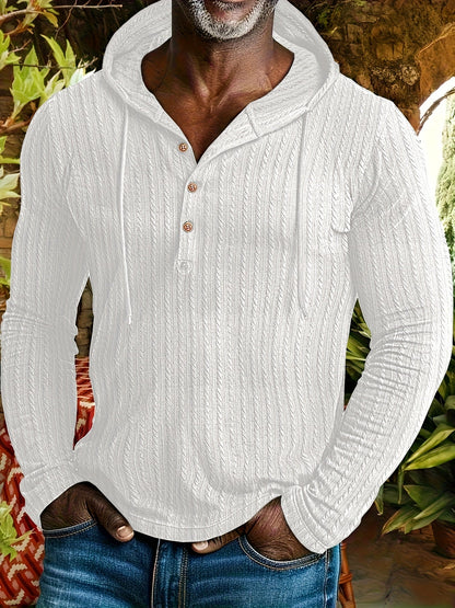 Herren Hoodie Langarmshirt gerippt mit Knopfleiste & Kapuze