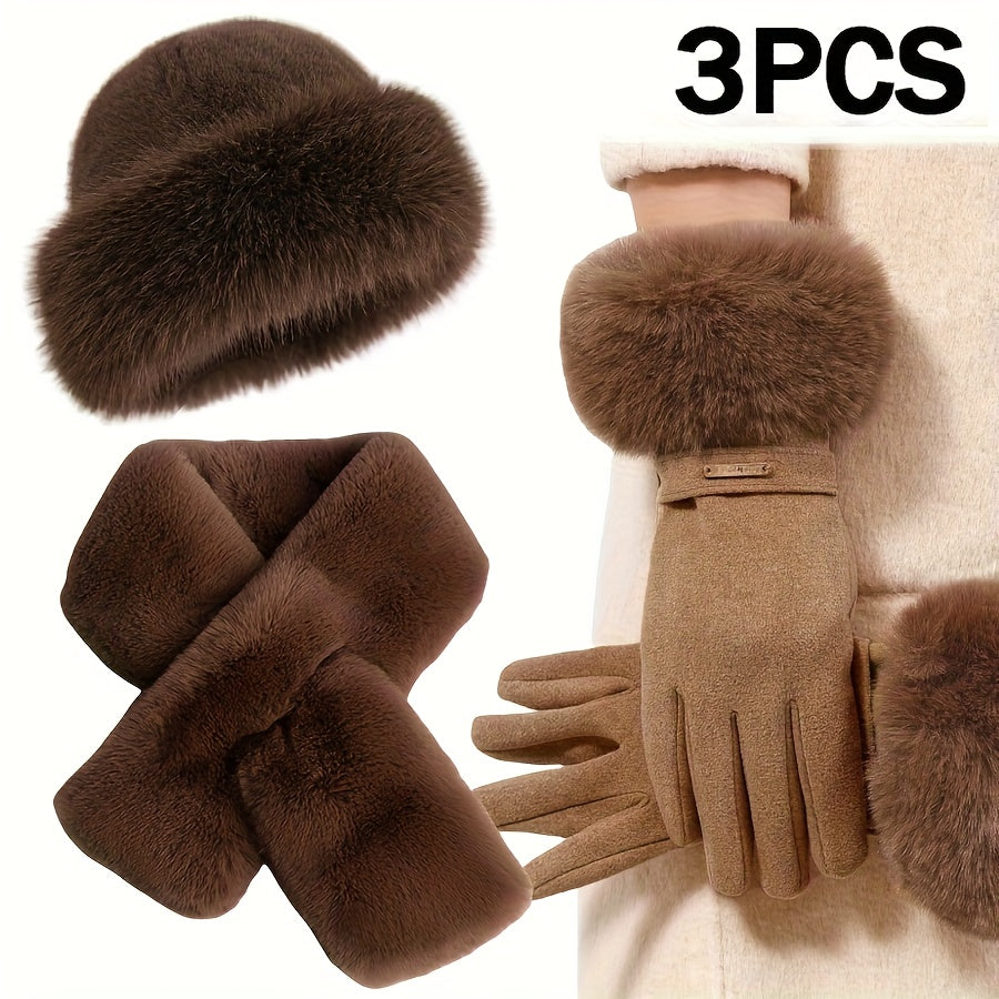 Winter Set Pelzimitat 3-teilig: Hut, Schal & Handschuhe mit Kunstfellbesatz, Warme Winteraccessoires
