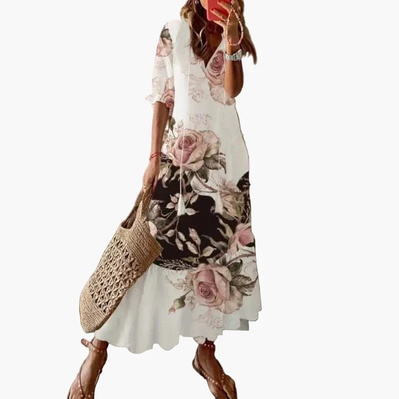 Damen Boho Maxikleid Sommer Freizeitkleid mit Blumenmuster und V-Ausschnitt – Perfekt für Strand & Alltag