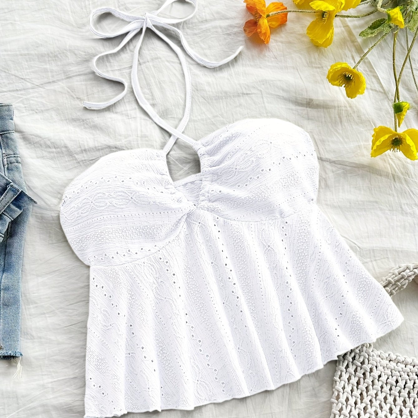 Damen Halter Babydoll Top mit Stickerei und Vintage-Charme – Verspieltes Sommertop