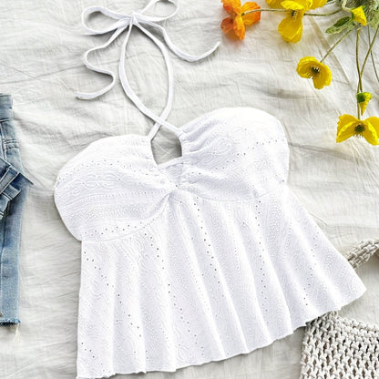 Damen Halter Babydoll Top mit Stickerei und Vintage-Charme – Verspieltes Sommertop