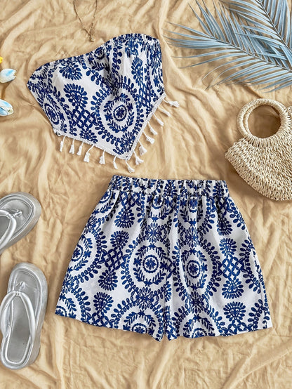 Damen Zweiteiliges Set Bandeau Top und Shorts mit Boho Muster – Perfekt für Strand und Freizeit