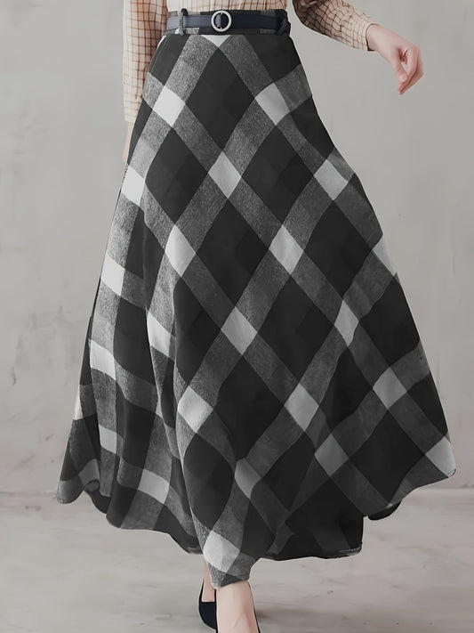 Maxirock Damen kariert Plaid A-Linie Grau Schwarz Weiß Midi