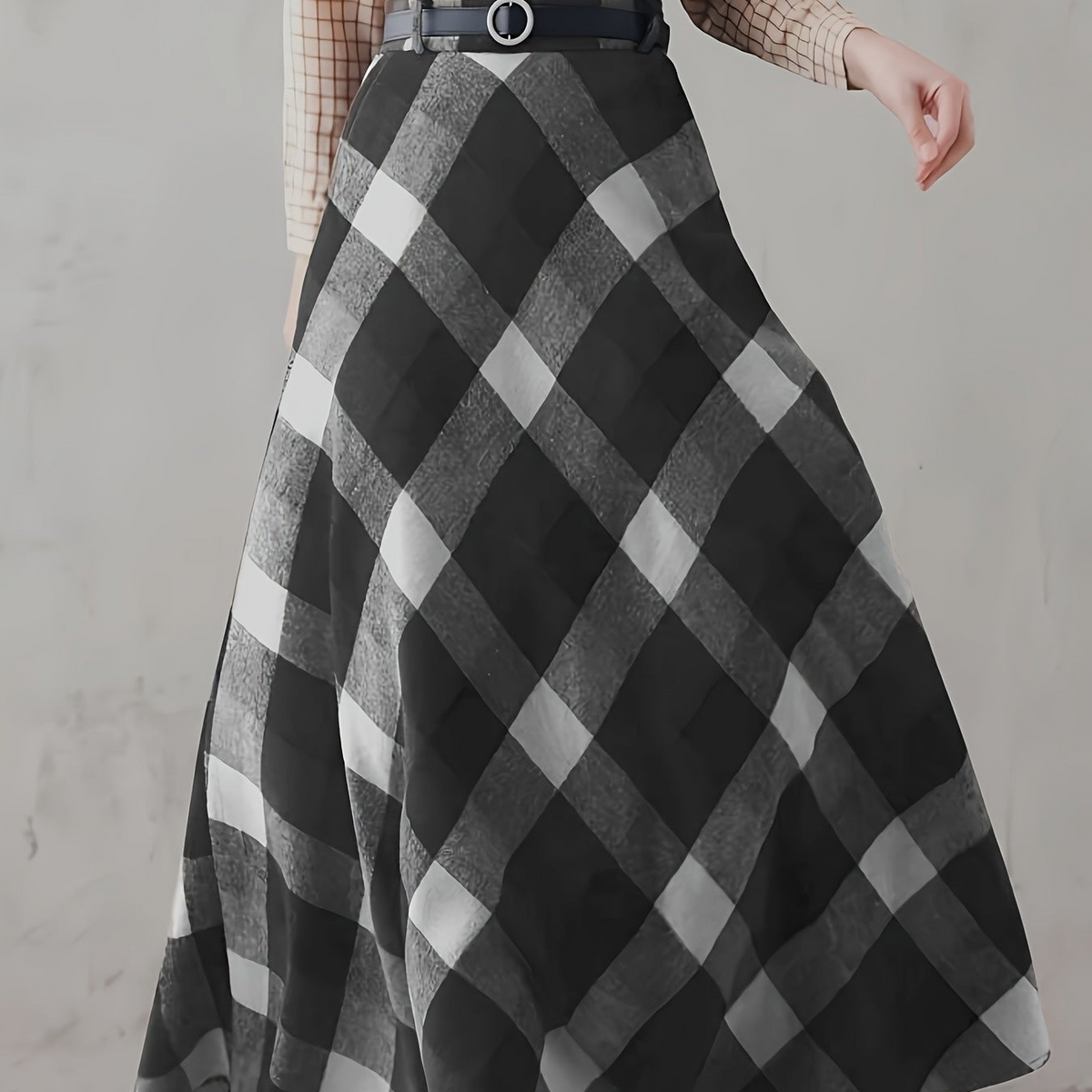Maxirock Damen kariert Plaid A-Linie Grau Schwarz Weiß Midi