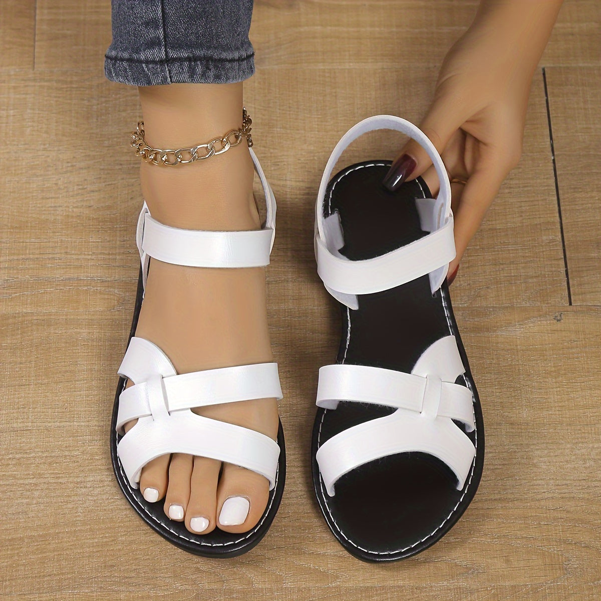 Damen Sandalen – Elegante Sommer-Sandalen mit flacher Sohle und Riemchendesign für Alltag und Freizeit