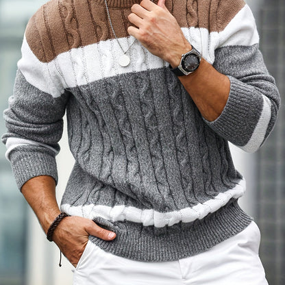 Herren Grobstrick Pullover mit Zopfmuster und Farbblöcken
