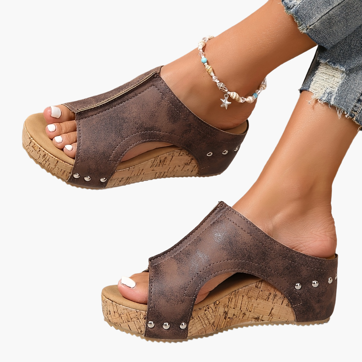 Damen Vintage Keilsandaletten mit offener Spitze für den Sommer – Bequeme Slip-On Plateau-Schuhe