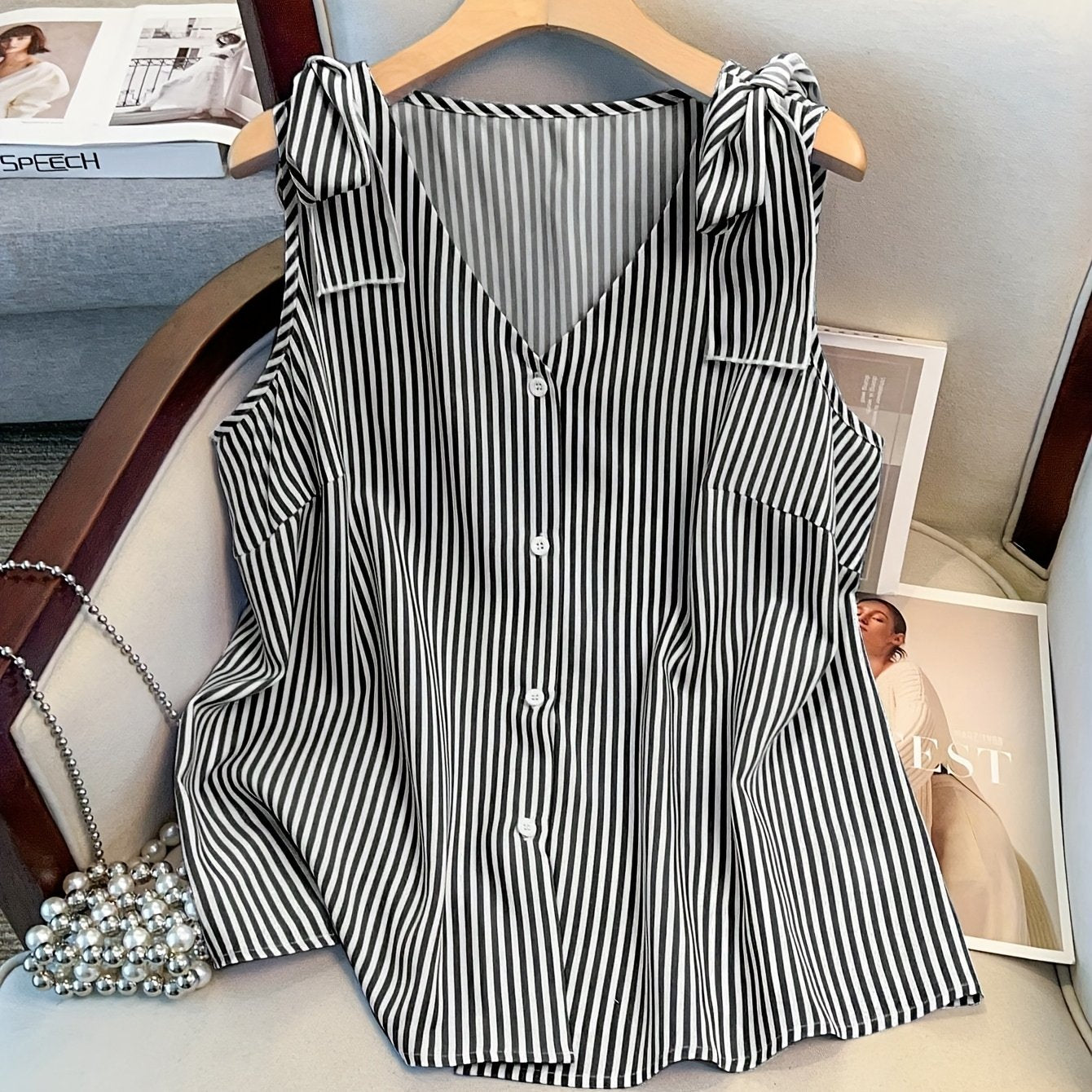 Damen Blusentop mit Streifen und Knopfleiste – Eleganter Sommer-Style für Büro & Freizeit