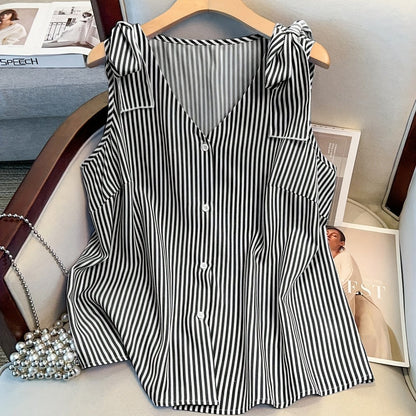 Damen Blusentop mit Streifen und Knopfleiste – Eleganter Sommer-Style für Büro & Freizeit
