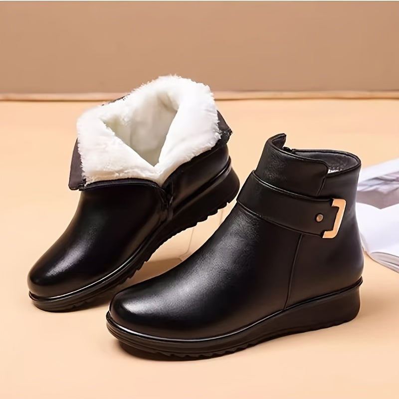 Damen Winter Stiefeletten Schwarz Warm Gefüttert Reißverschluss Schnalle