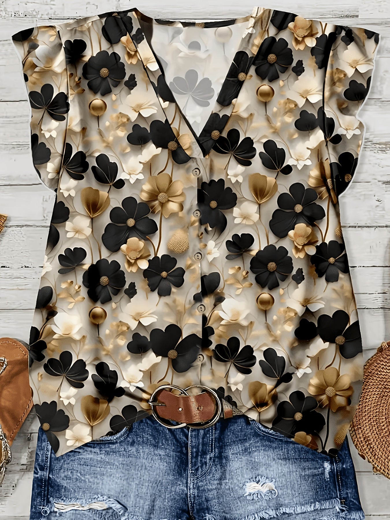 Damen Bluse mit Blumenmuster und V-Ausschnitt – Modische Kurzarm-Bluse für Alltag und Freizeit