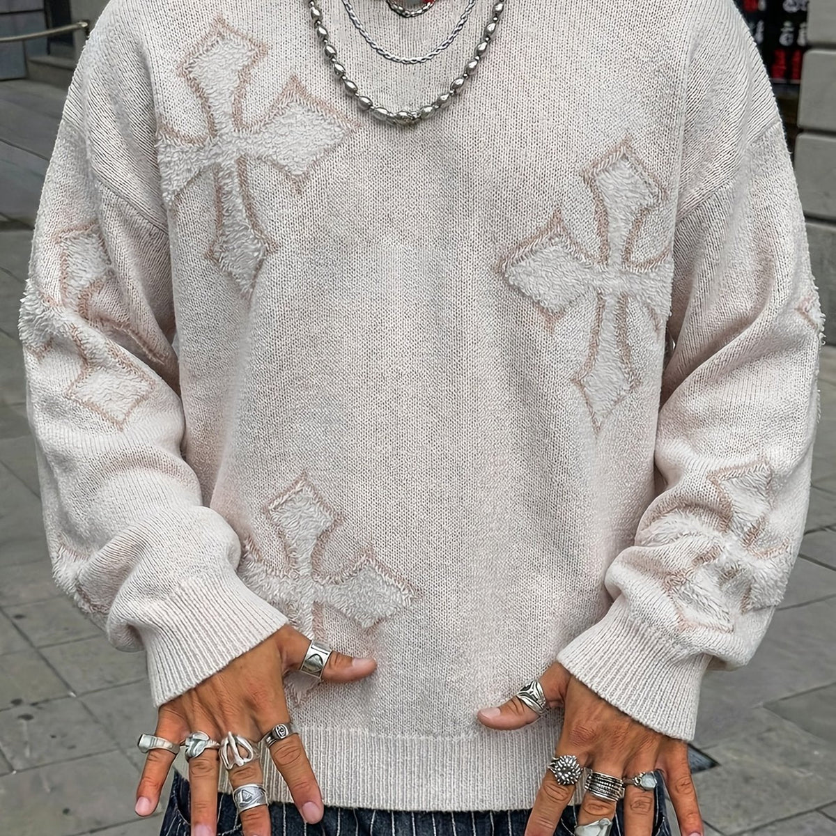 Pullover mit Kreuzmuster Schwarz Strick Rundhalsausschnitt Langarm