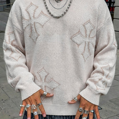 Pullover mit Kreuzmuster Schwarz Strick Rundhalsausschnitt Langarm