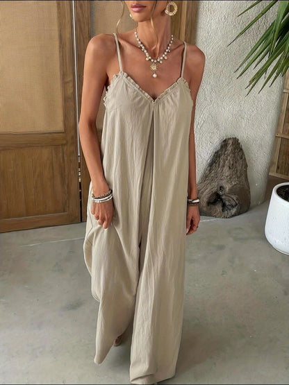 Damen Jumpsuit mit weitem Bein und Spaghettiträgern – Eleganter Einteiler für Abend & Freizeit