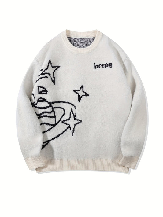 Unisex Strickpullover Rundhals mit Weltall-Muster & Sternen