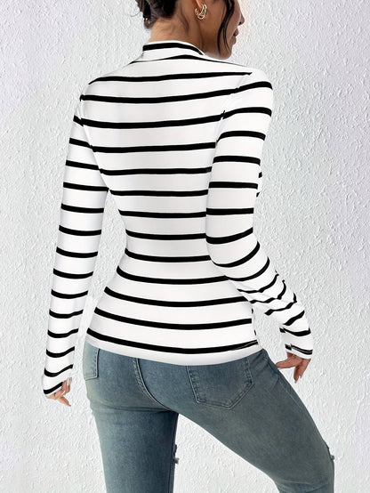 Damen Rollkragen Langarmshirt gestreift mit halbem Stehkragen