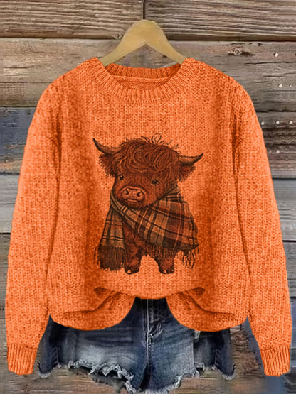 Damen Pullover mit Highland-Kuh Motiv und Rundhalsausschnitt – Verspielter Strickpullover im lässigen Stil