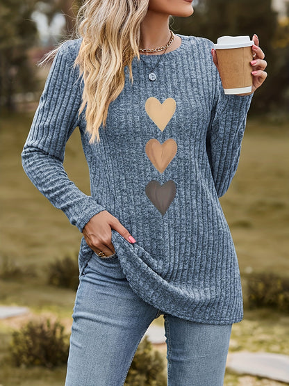 Damen Langarmshirt mit Herz-Motiv, Rundhalsausschnitt, gerippter Optik, Tunika-Stil