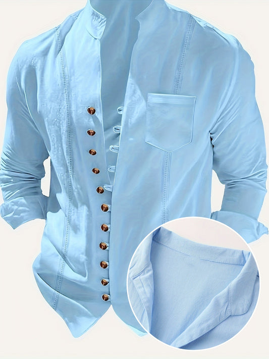 Herren Stehkragen Hemd Modern Vintage Stil Freizeit Business