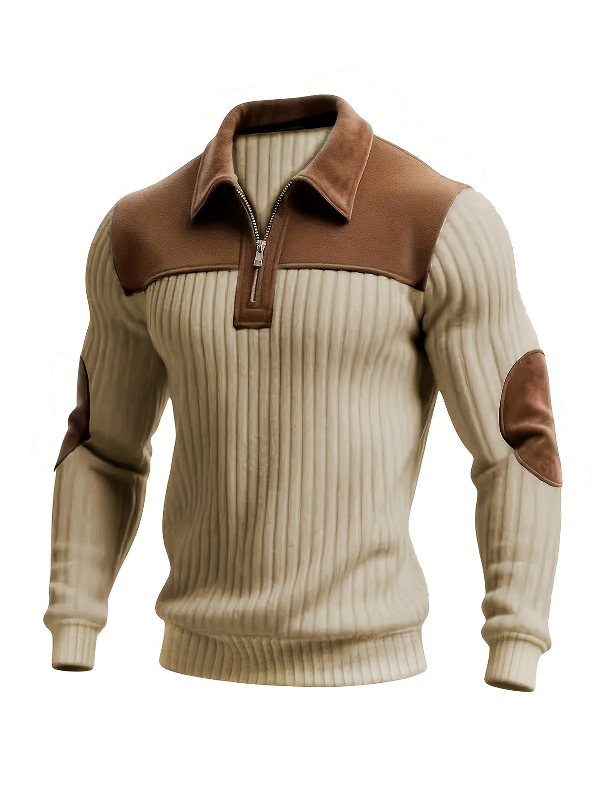 Herren Poloshirt Strickpullover mit Reißverschluss, Kragen und Ellbogen-Patches, Beige