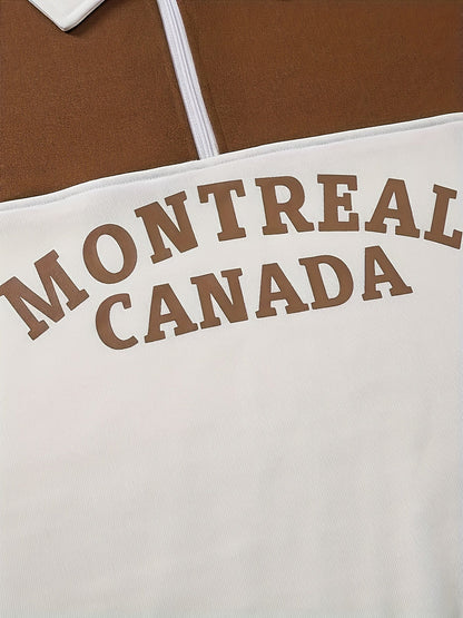Unisex Polo-Sweatshirt mit halbem Reißverschluss, zweifarbig, "Montreal Canada" Schriftzug, Grün/Weiß