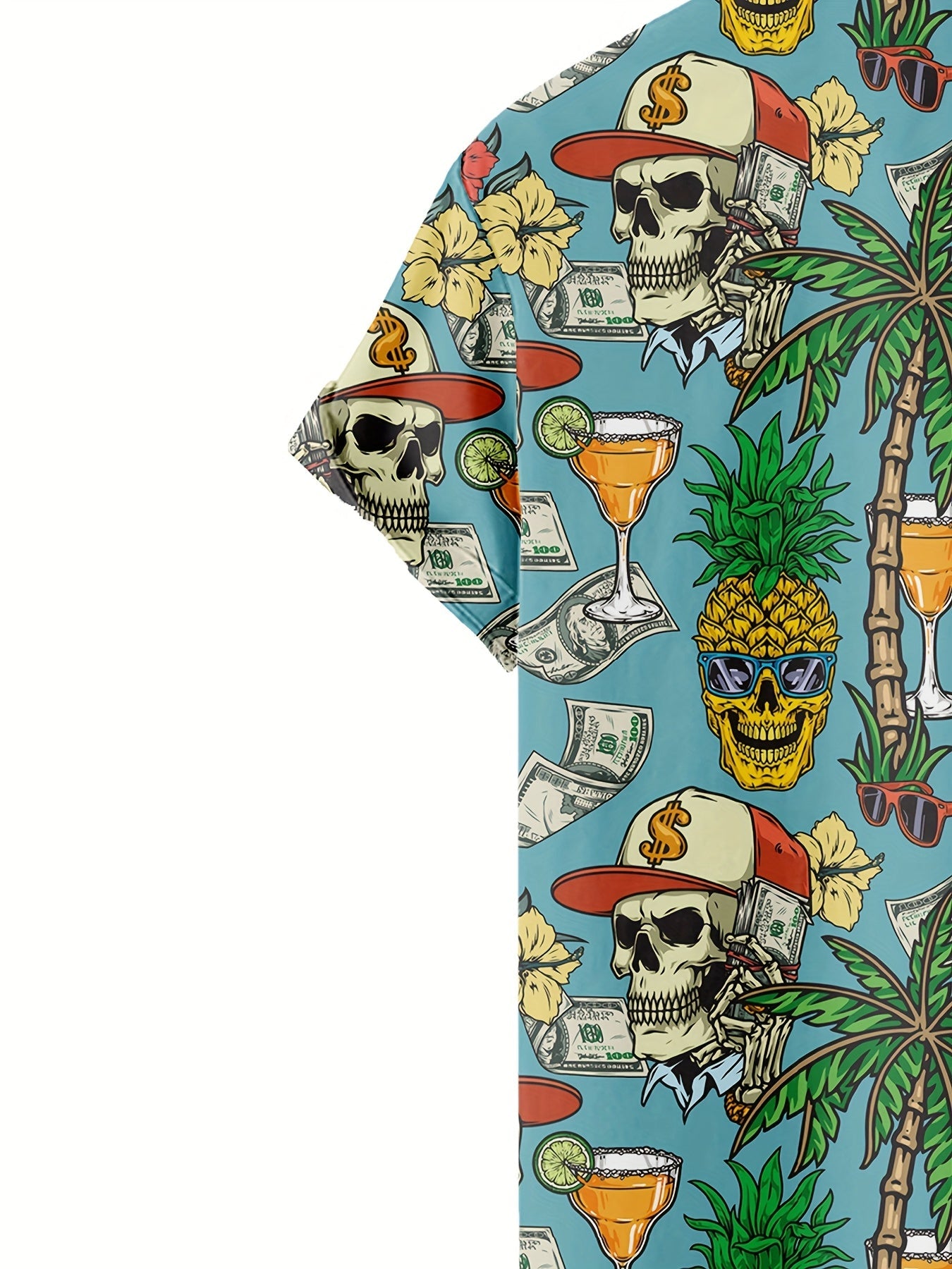 Herren Hawaii Hemd mit Totenkopf, Palmen und Cocktail Print – Extravaganter Freizeitstil für Urlaub & Strand