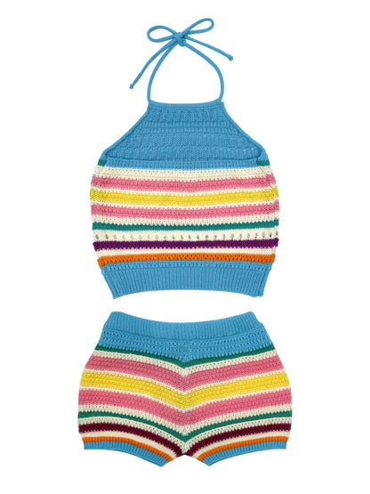 Damen Häkel-Strick Zweiteiler Set – Trendiges Y2K Outfit mit Haltertop und Shorts, Ideal für Sommer & Freizeit