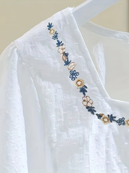 Damen Bluse elegant mit Stickerei und Quadratkragen – Sommer Freizeit Oberteil