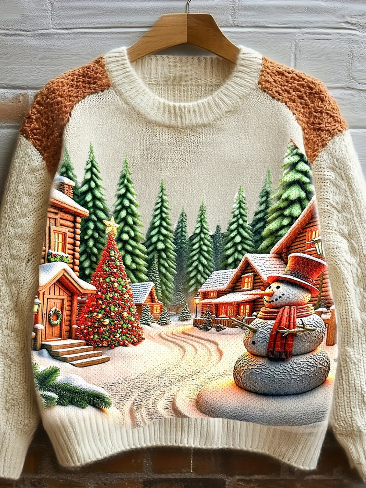 Damen Pullover Beige mit Katzenmotiv und Blumen – Rundhals Strickpullover