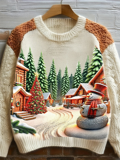 Damen Pullover Beige mit Katzenmotiv und Blumen – Rundhals Strickpullover