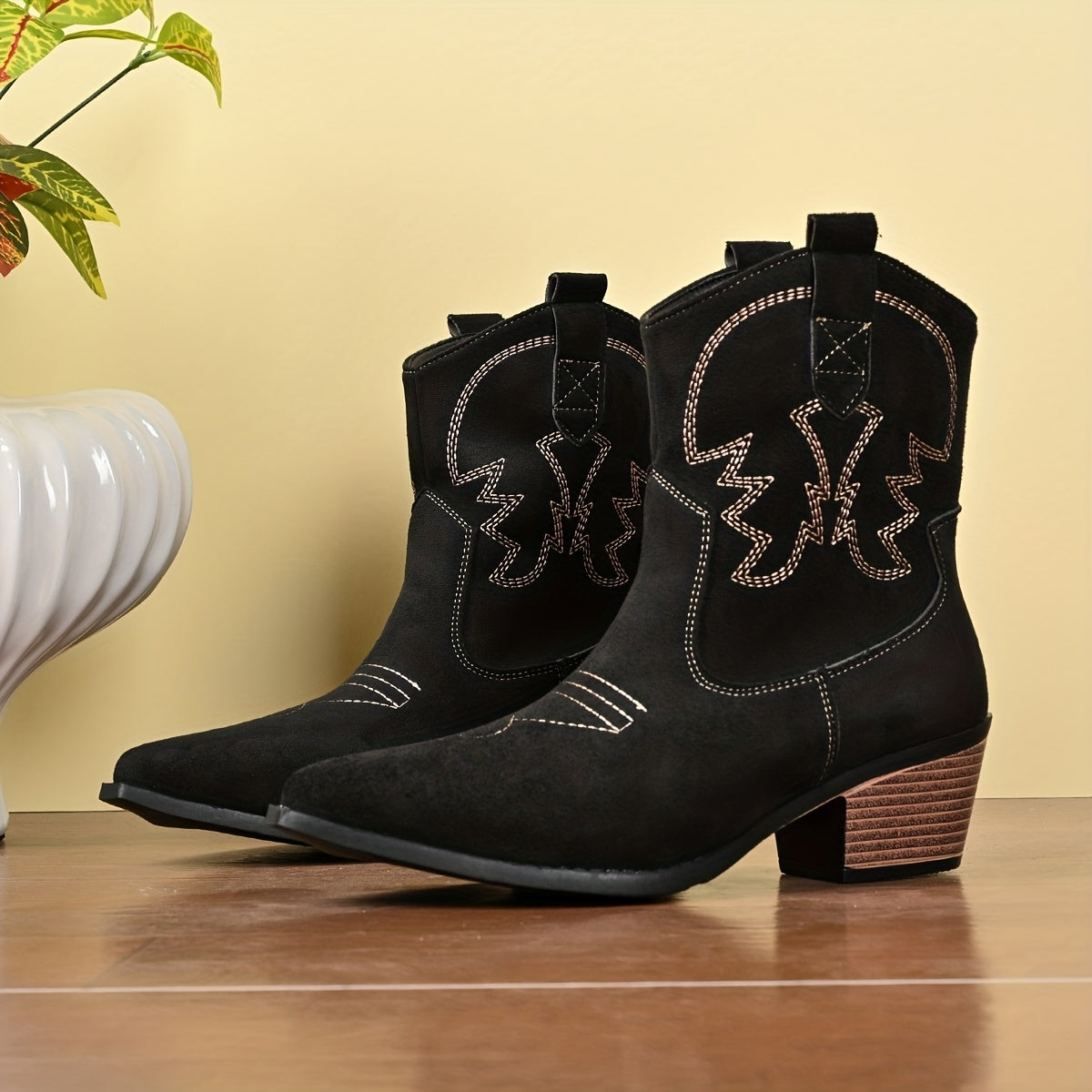 Damen Western Stiefel Stiefeletten spitze Zehe Blockabsatz Bestickt