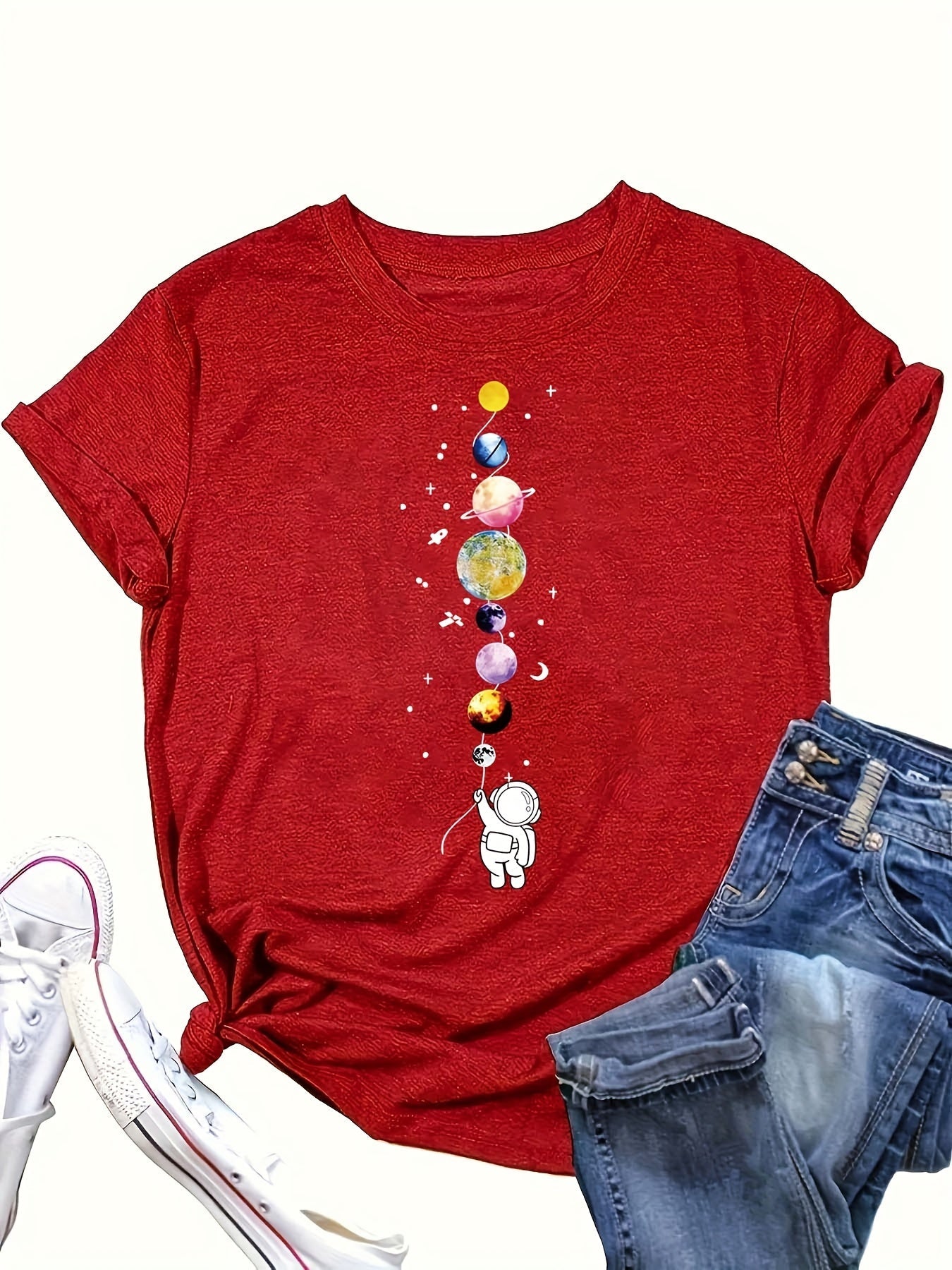 Damen T-Shirt mit Astronaut und Planeten Grafik – Stilvolles Freizeitshirt für Weltraumfans