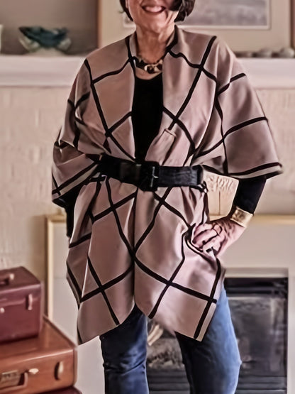 Damen Poncho Kariert Beigefarben mit Schwarz Gittermuster Wickel-Design