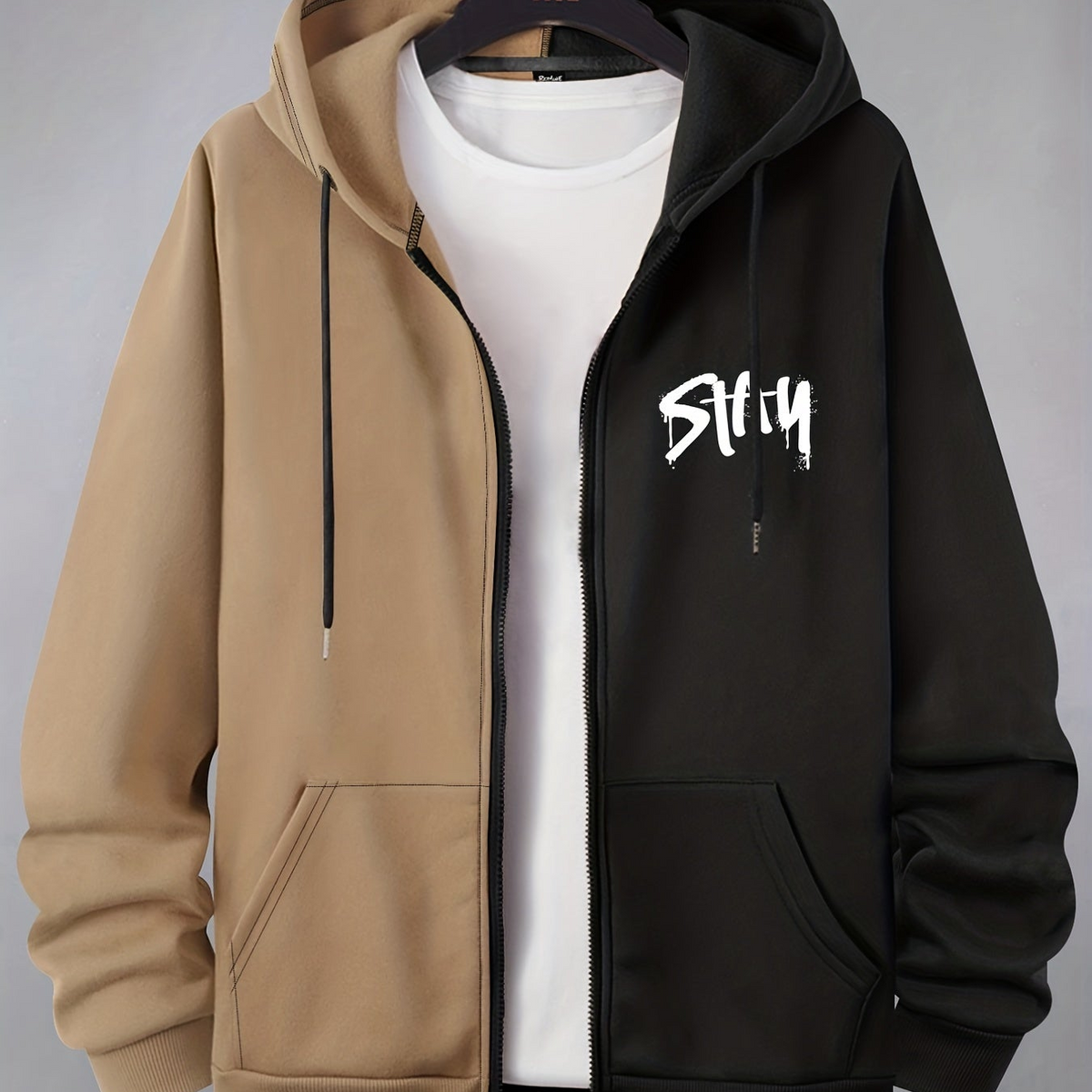 Hoodie mit Reißverschluss, zweifarbig, Kapuze, Kängurutaschen, Motiv