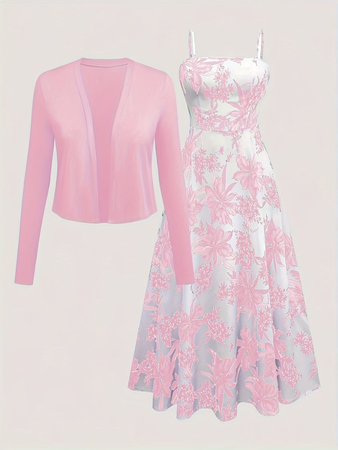 Damen Midikleid mit Blumenmuster und Cardigan – Elegantes Freizeit-Outfit Set für Frühling & Sommer