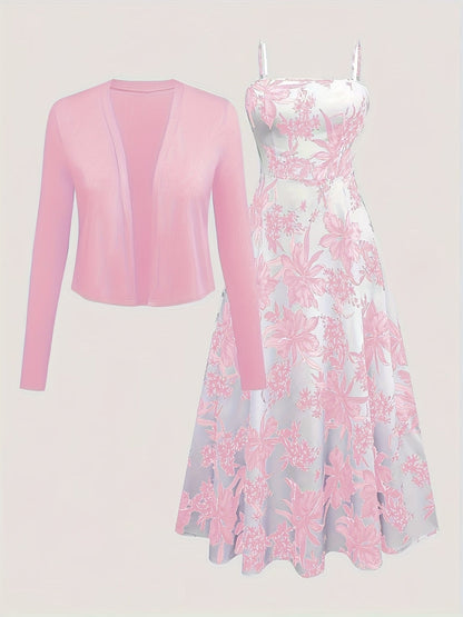 Damen Midikleid mit Blumenmuster und Cardigan – Elegantes Freizeit-Outfit Set für Frühling & Sommer