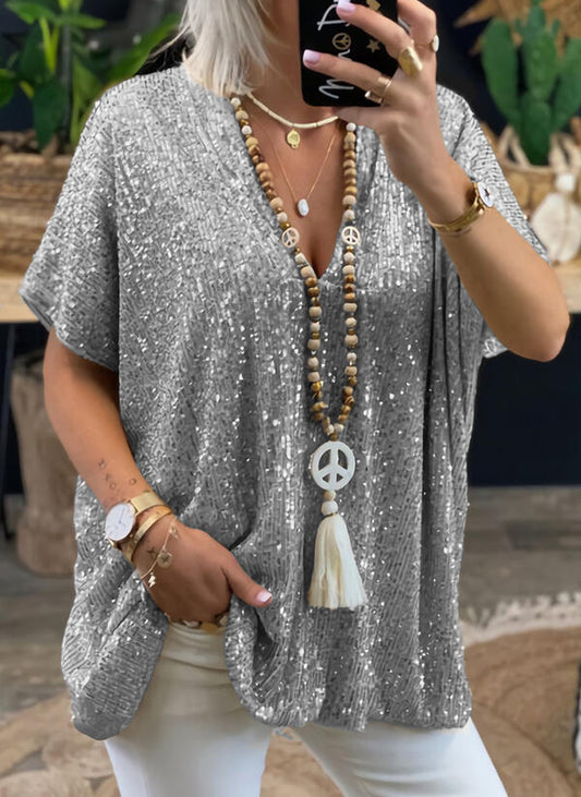Damen Pailletten Tunika mit V-Ausschnitt – Glitzerndes Oversize-Shirt für festliche Anlässe