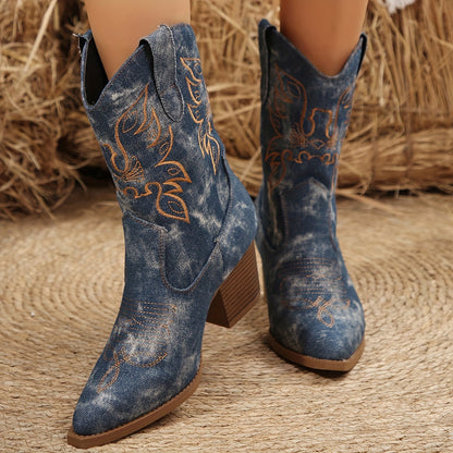 Cowboy Stiefel mit Absatz für Damen, Spitzer Zeh, Besticktes Obermaterial in Denim-Optik