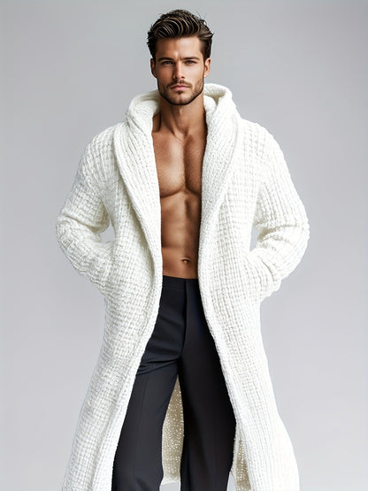 Herren Cardigan Lang Strickpullover Haussweater Dunkelgrau mit Kapuze