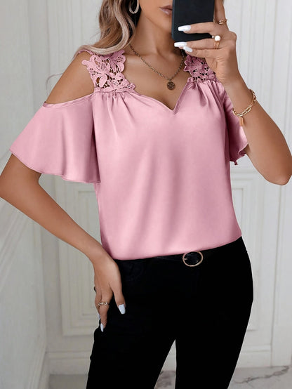 Damen Cold-Shoulder Bluse mit Spitzendetail und elegantem Schnitt – Stylische Mode für Büro & Freizeit