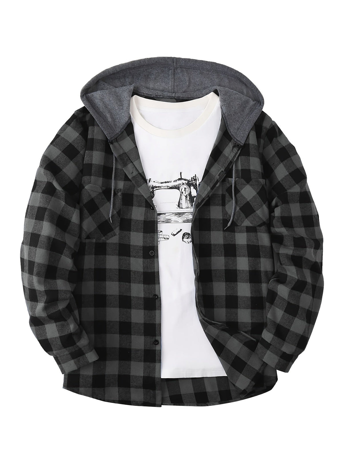Unisex Kariertes Hemdjacke mit Kapuze Button-Down Langarm Freizeithemd