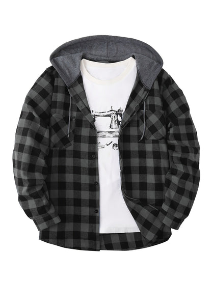 Unisex Kariertes Hemdjacke mit Kapuze Button-Down Langarm Freizeithemd