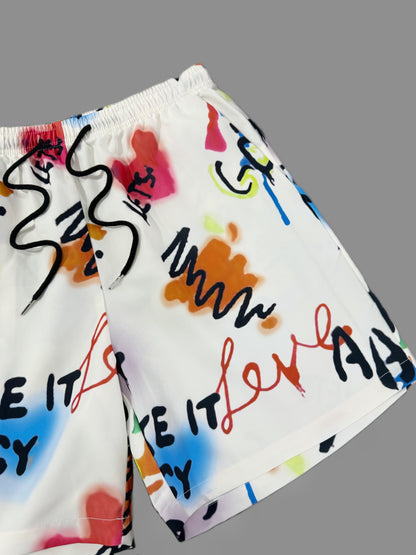 Herren Streetwear Shorts mit Graffiti-Print und Motivations-Sprüchen – Lässige Freizeithose für Alltag und Strand