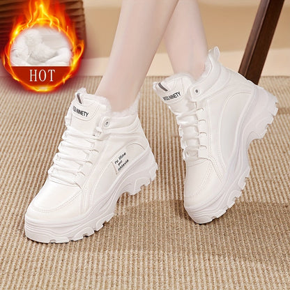 Damen Plateau Sneaker Stiefel Winter Weiß Beige Gefüttert Hoch Profilsohle