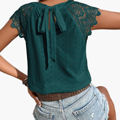 Damen Häkel-Spitzenbluse mit Rückenschleife – Sommerlich, Boho, Casual