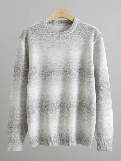 Herren Strickpullover Rundhals Grau-Weiß Gestreift Langarm